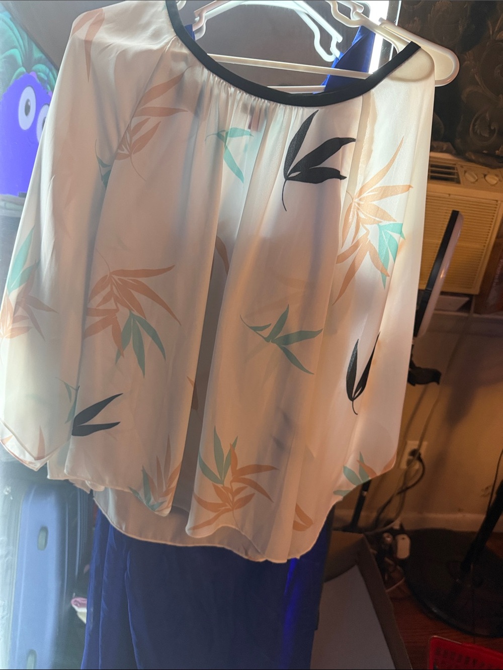 Vince Camuto White Floral Print Blouse with Black Trim